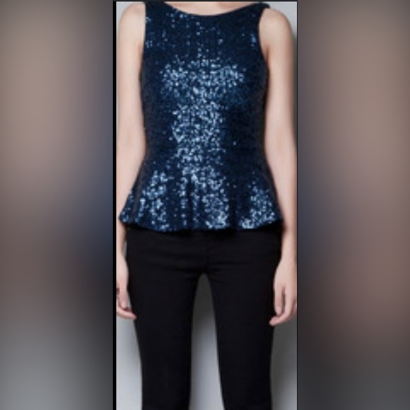 NWT Trafaluc Zara blue peplum sequin top size large - Picture 3 of 9